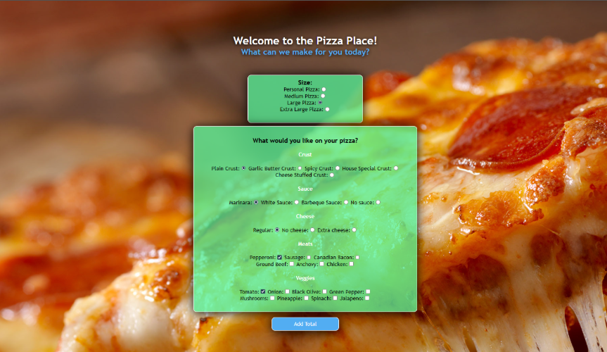 A screenshot of a pizza oredering app